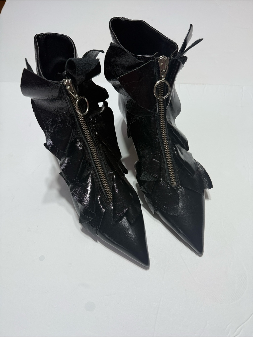 Zara Black Ruffle Front Zip Pointed Toe Witchy Booties EU 37